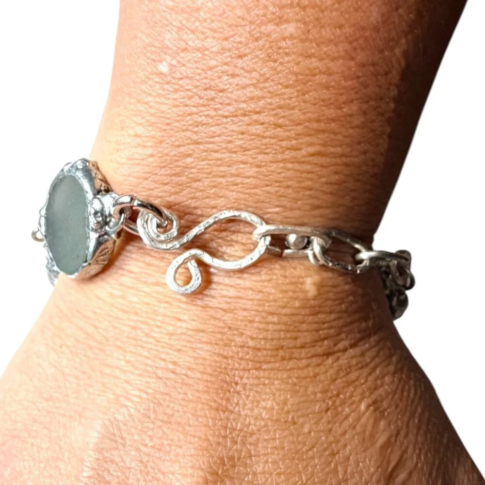 Handcrafted Sea Glass & Silver Blend Hammered Bracelet With Unique Findings